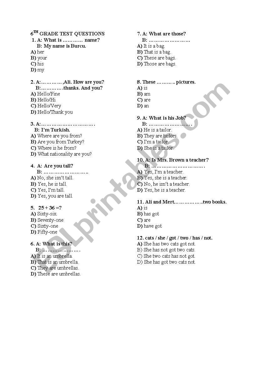 6th grade test worksheet