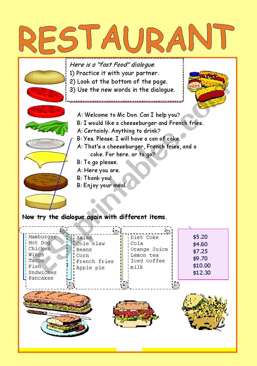 restaurant dialogue worksheet