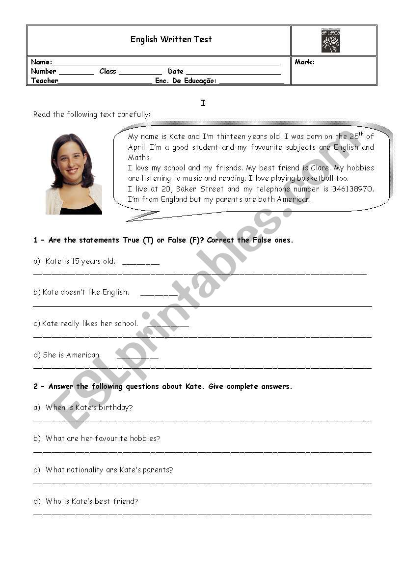 Test Personal Information worksheet