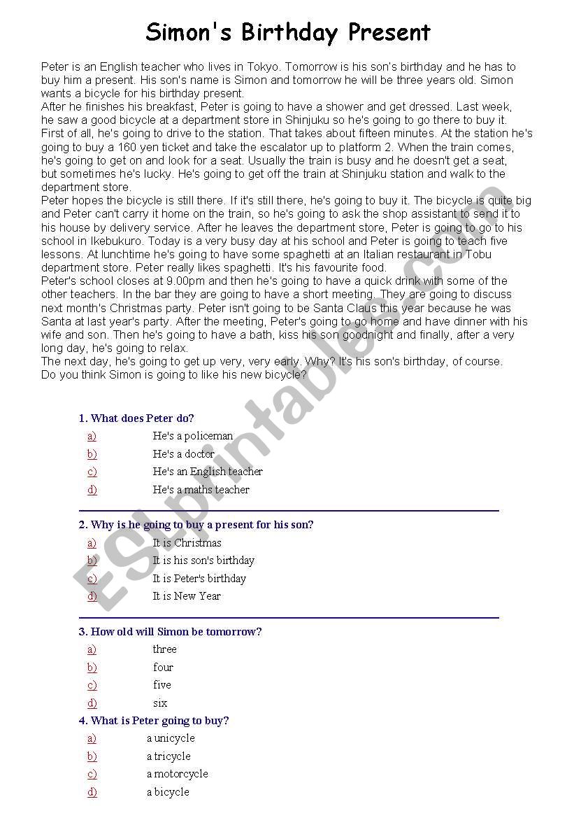 Reading exercise worksheet