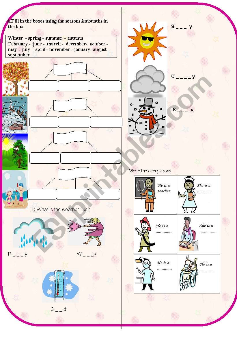 A sheet about seasons,months,weather and occupations