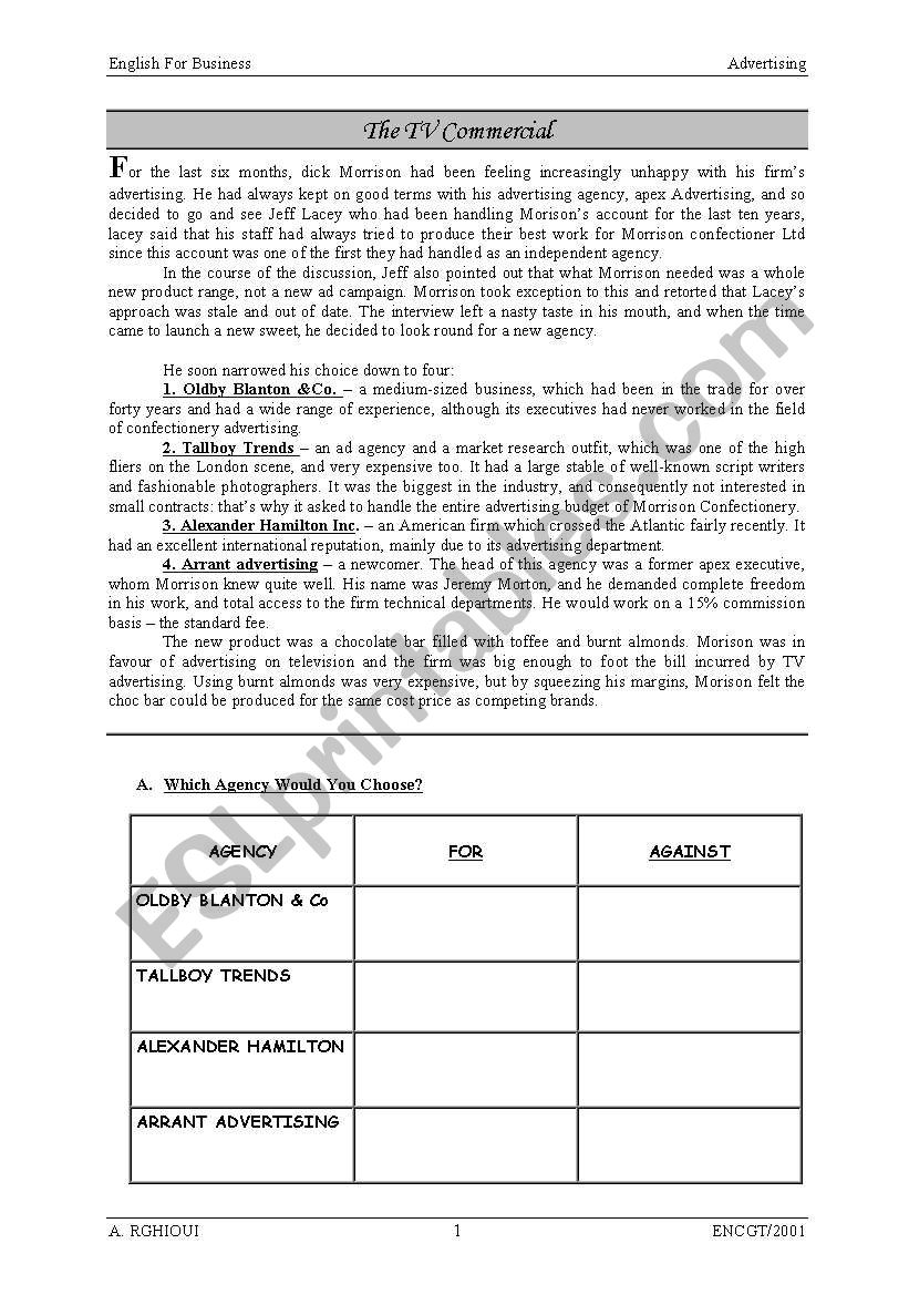 The TV commercial worksheet