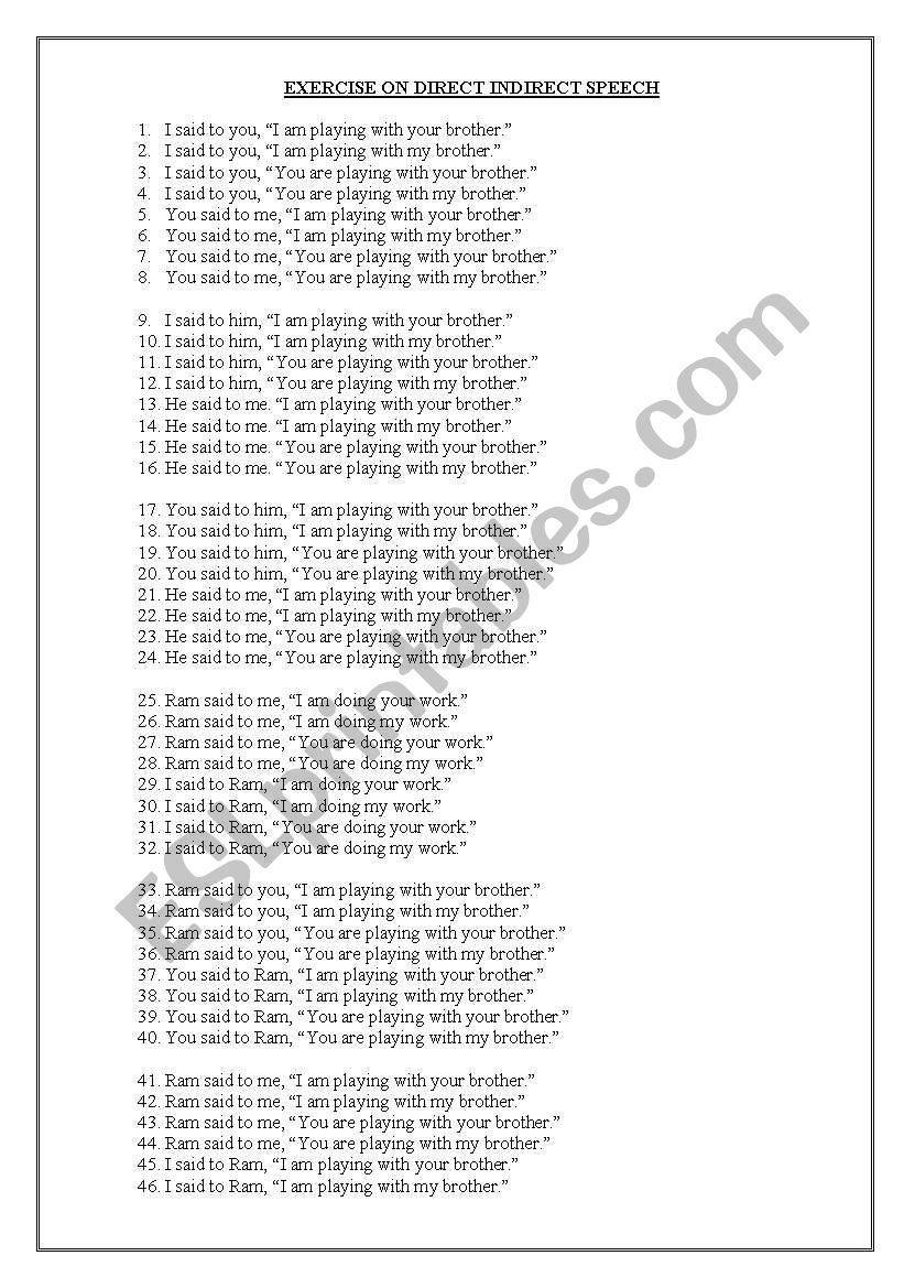 an exercise on reported speech with focus on change of pronouns