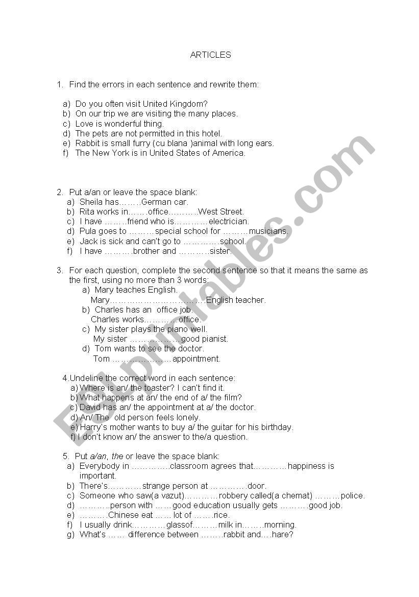 article exercises worksheet