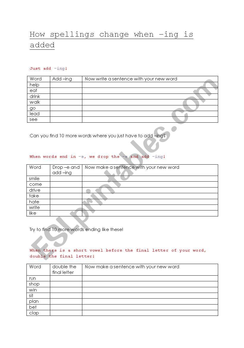 Adding -ing  worksheet