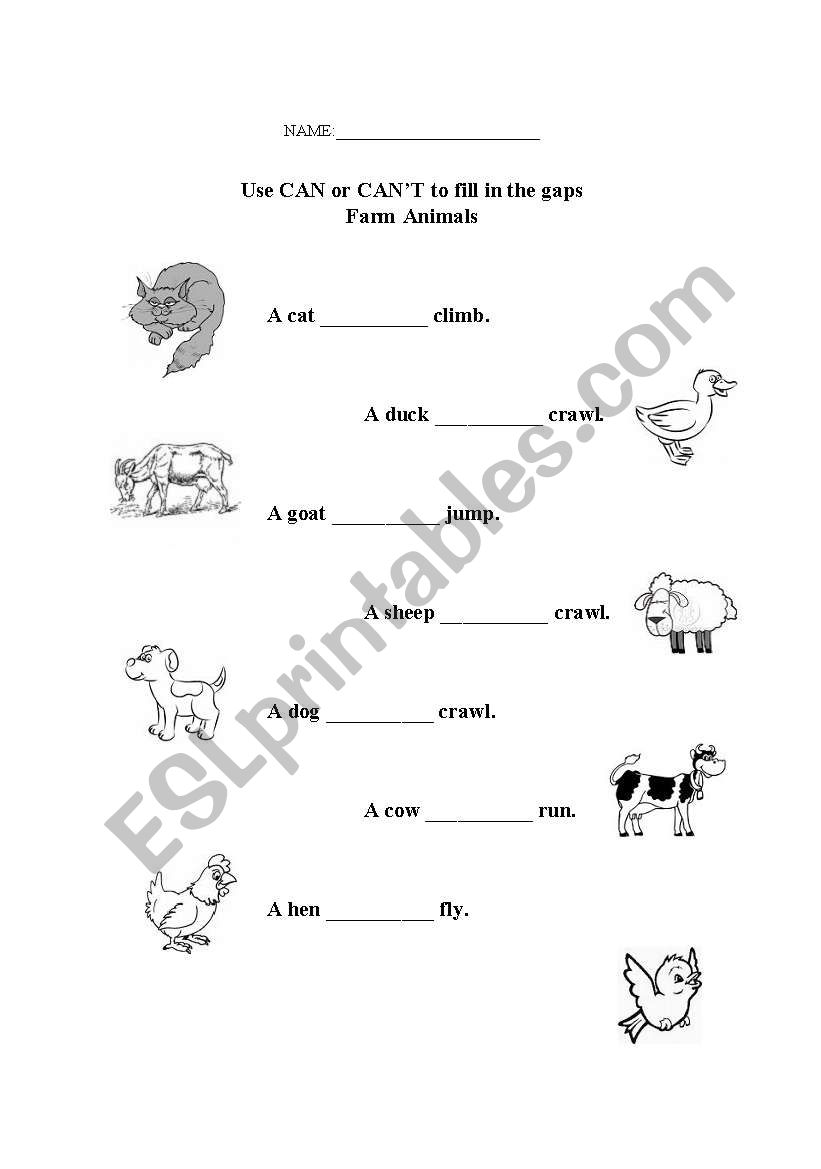 Farm Animals CAN/CANT worksheet