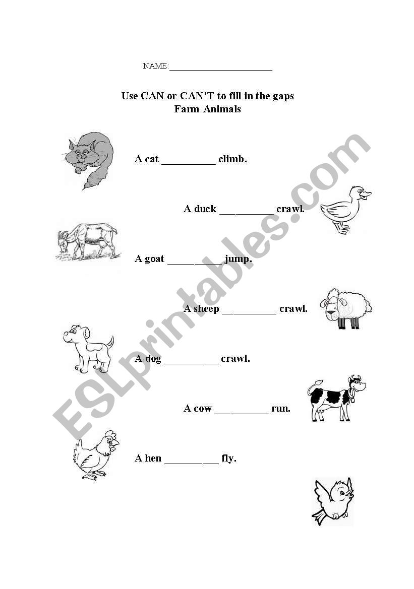 Farm Animals CAN/CANÂ´T worksheet
