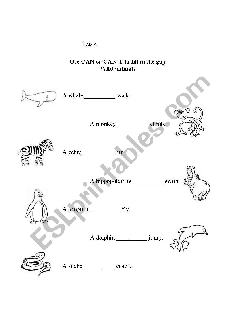 Wild Animals CAN/CANT worksheet