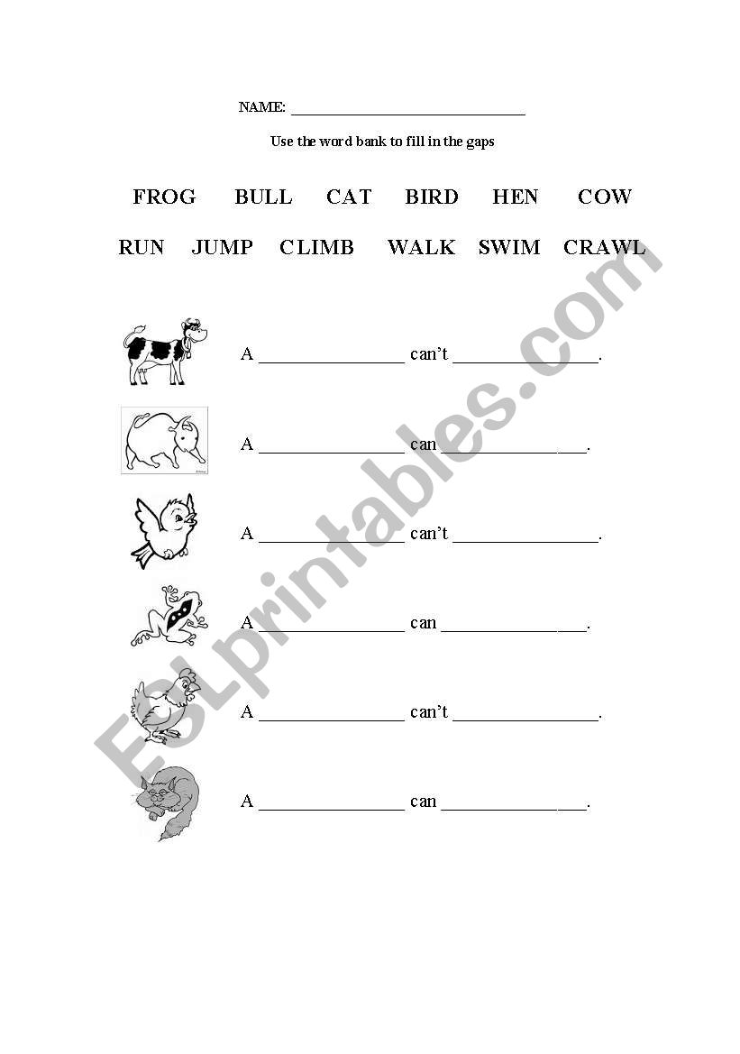 Farm Animals CAN/CANT - to write