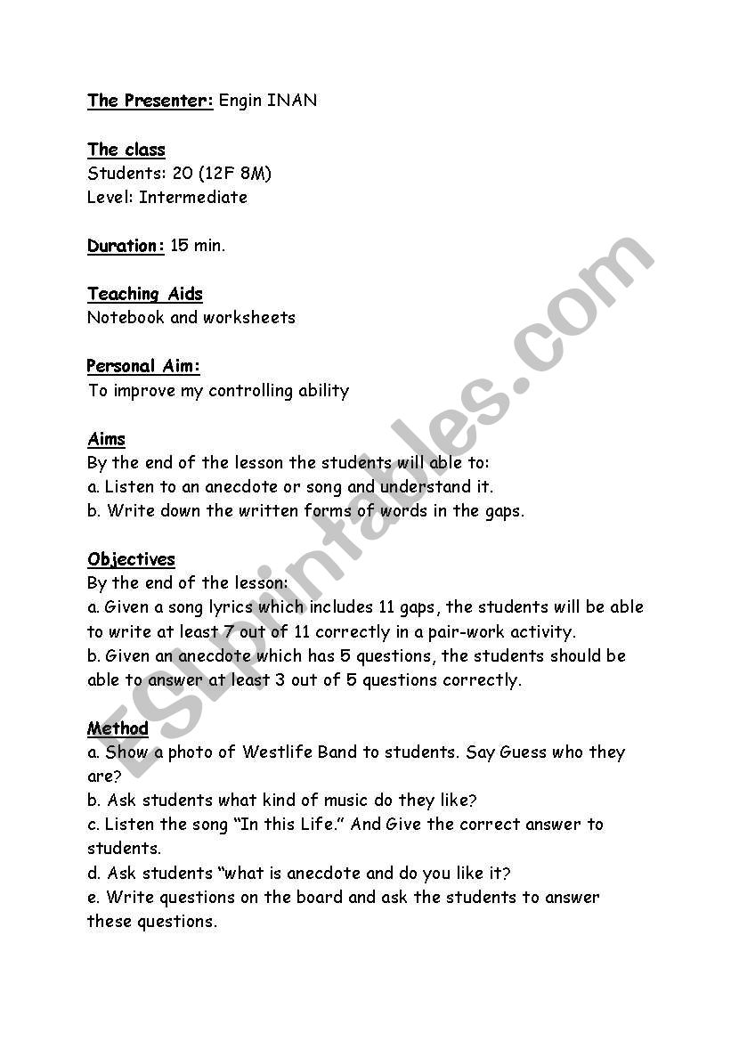 listening lesson plan worksheet