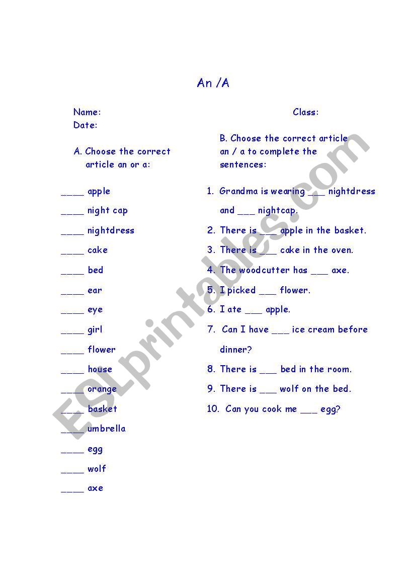 An / A worksheet