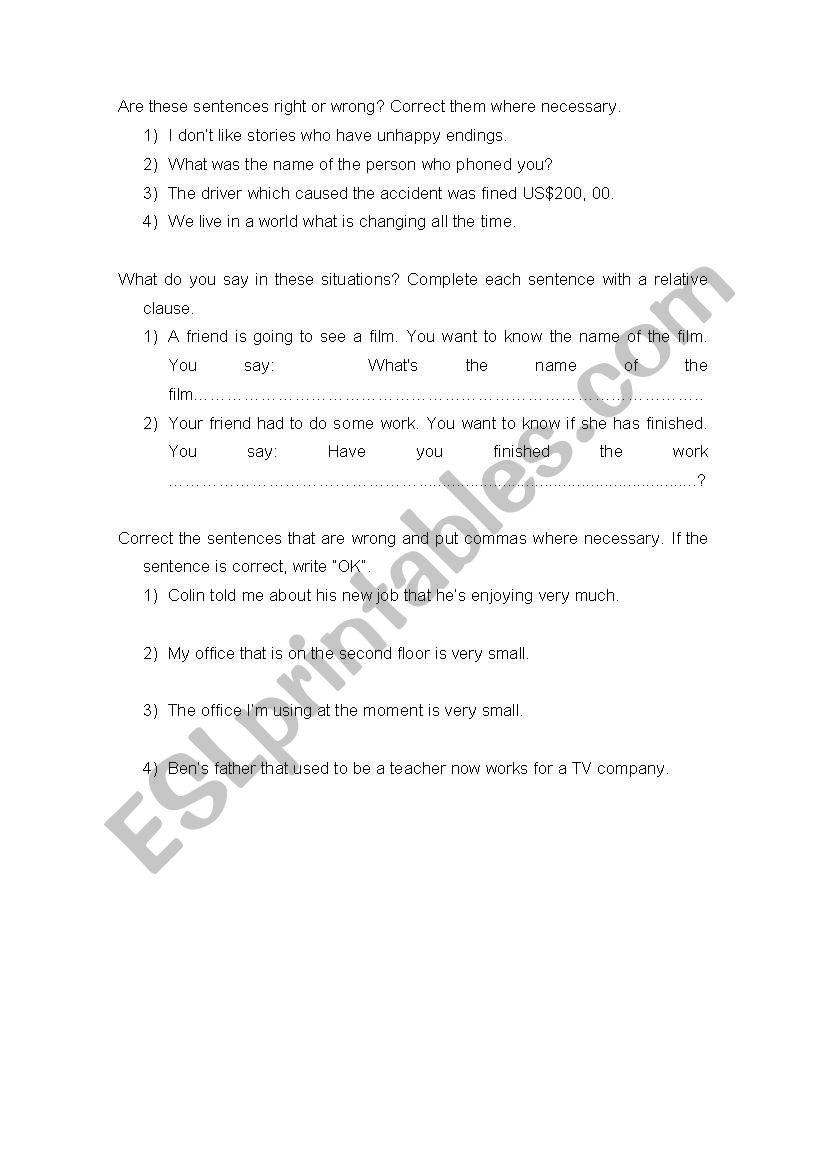 Relative Clauses worksheet