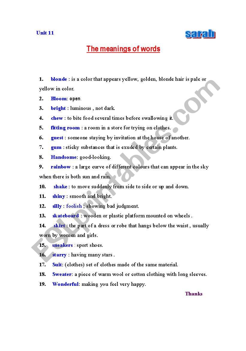 THE MEANING OF WORDS worksheet