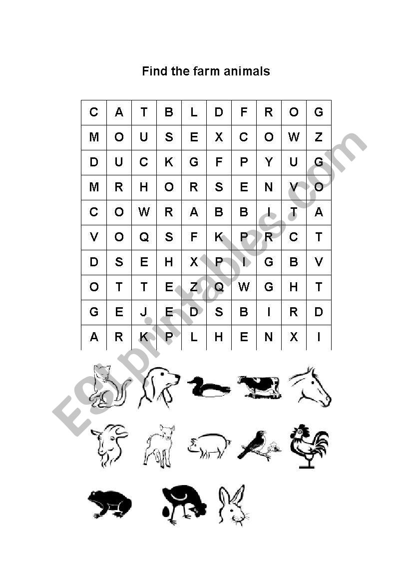 Farm Animal Word Search worksheet