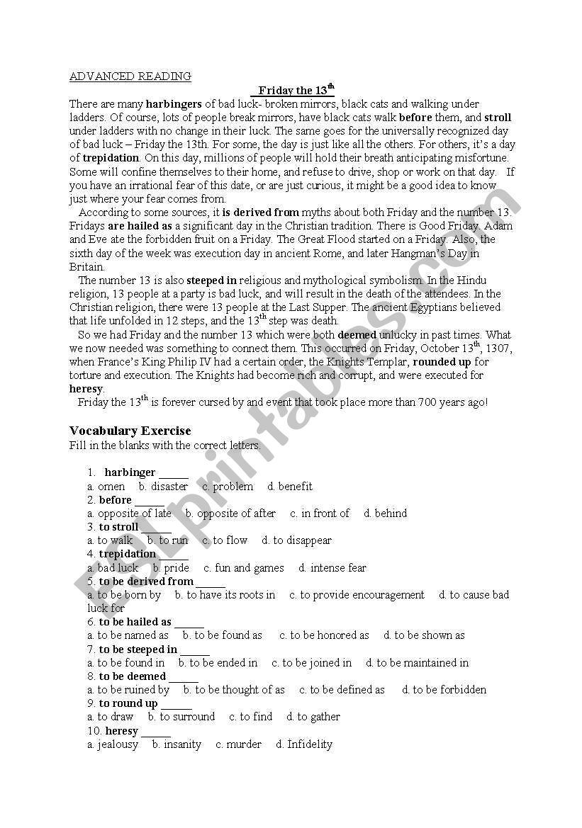    Friday the 13th worksheet