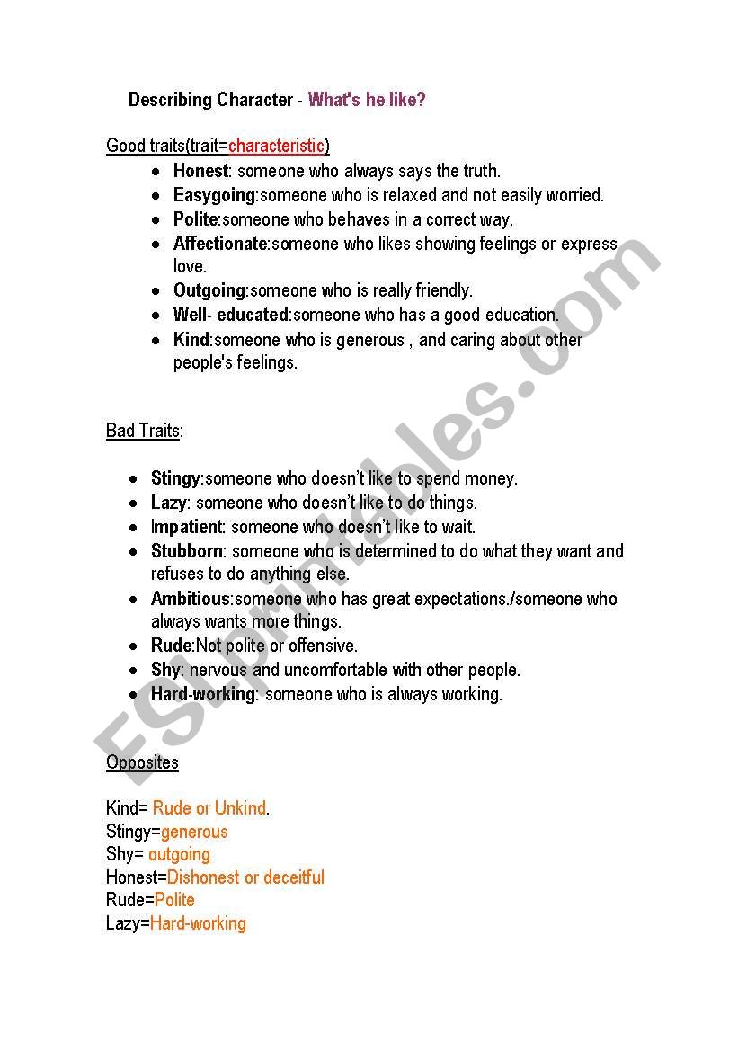 describing people worksheet