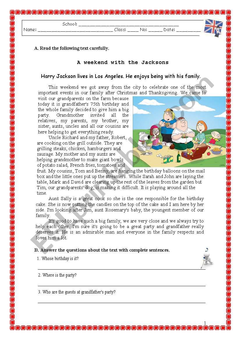 A weekend with the Jacksons worksheet