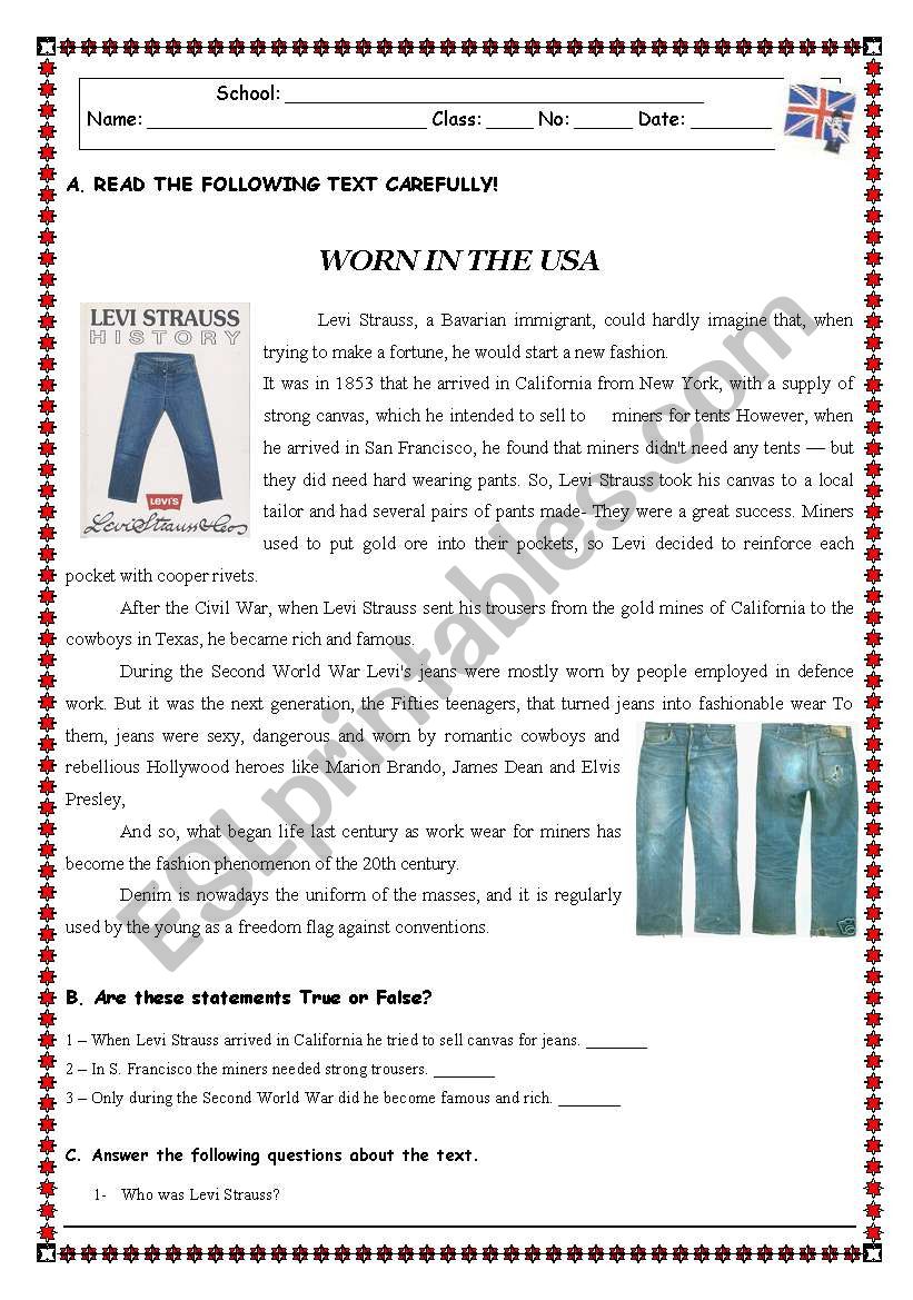 WORN IN THE USA worksheet