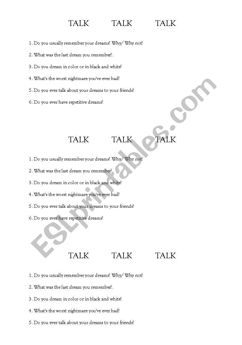 dreams - speaking worksheet