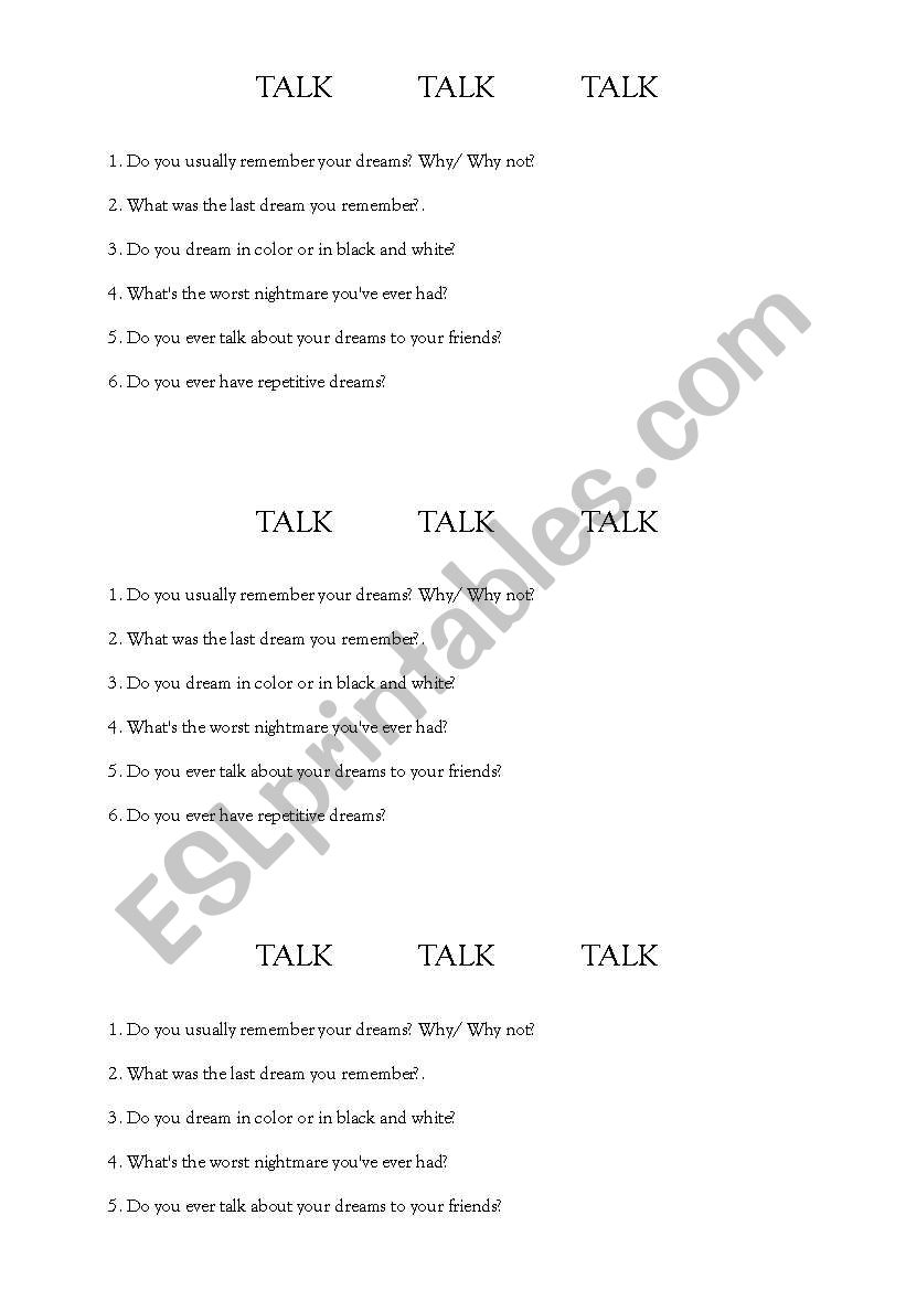 dreams - speaking worksheet