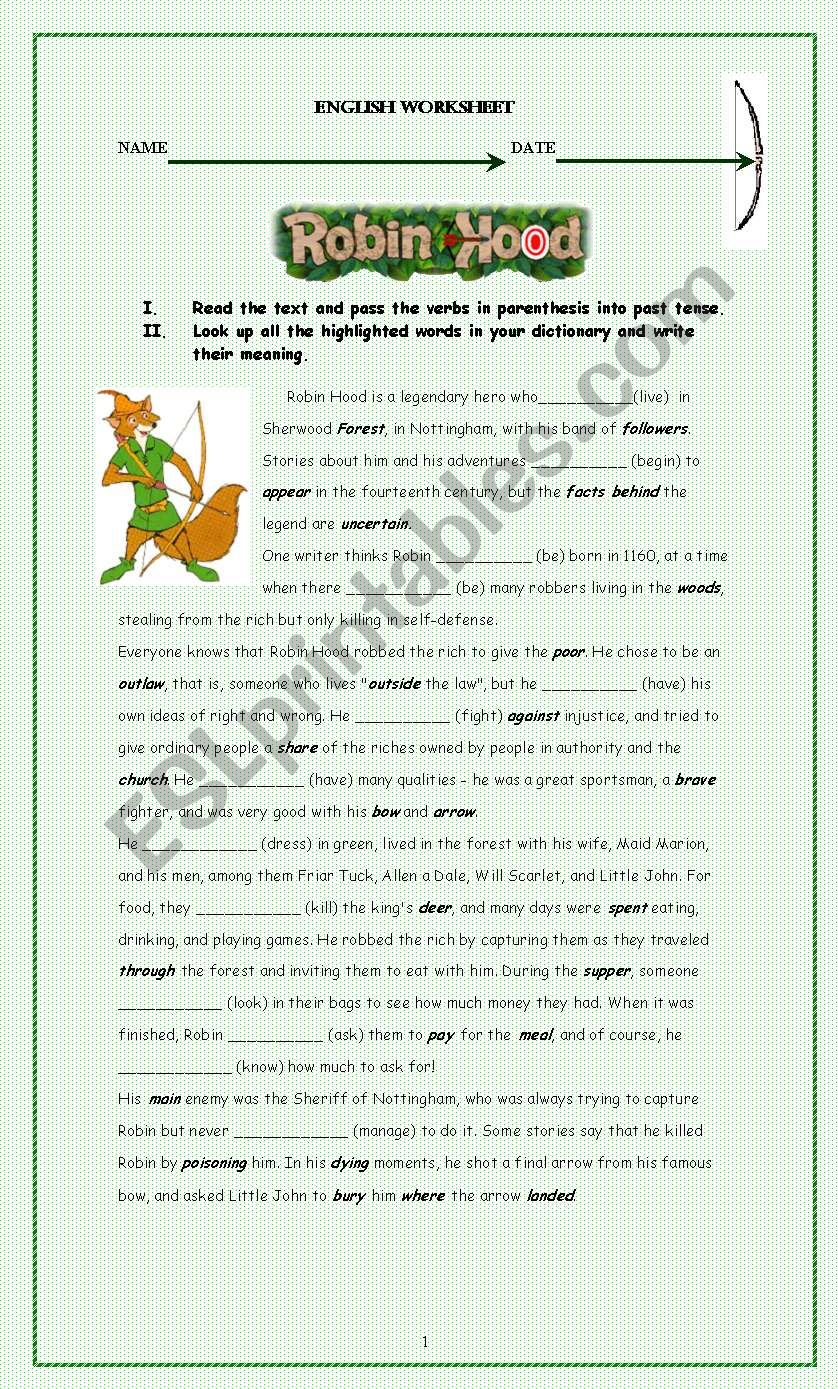 Robin Hood reading and  past tense verbs practice