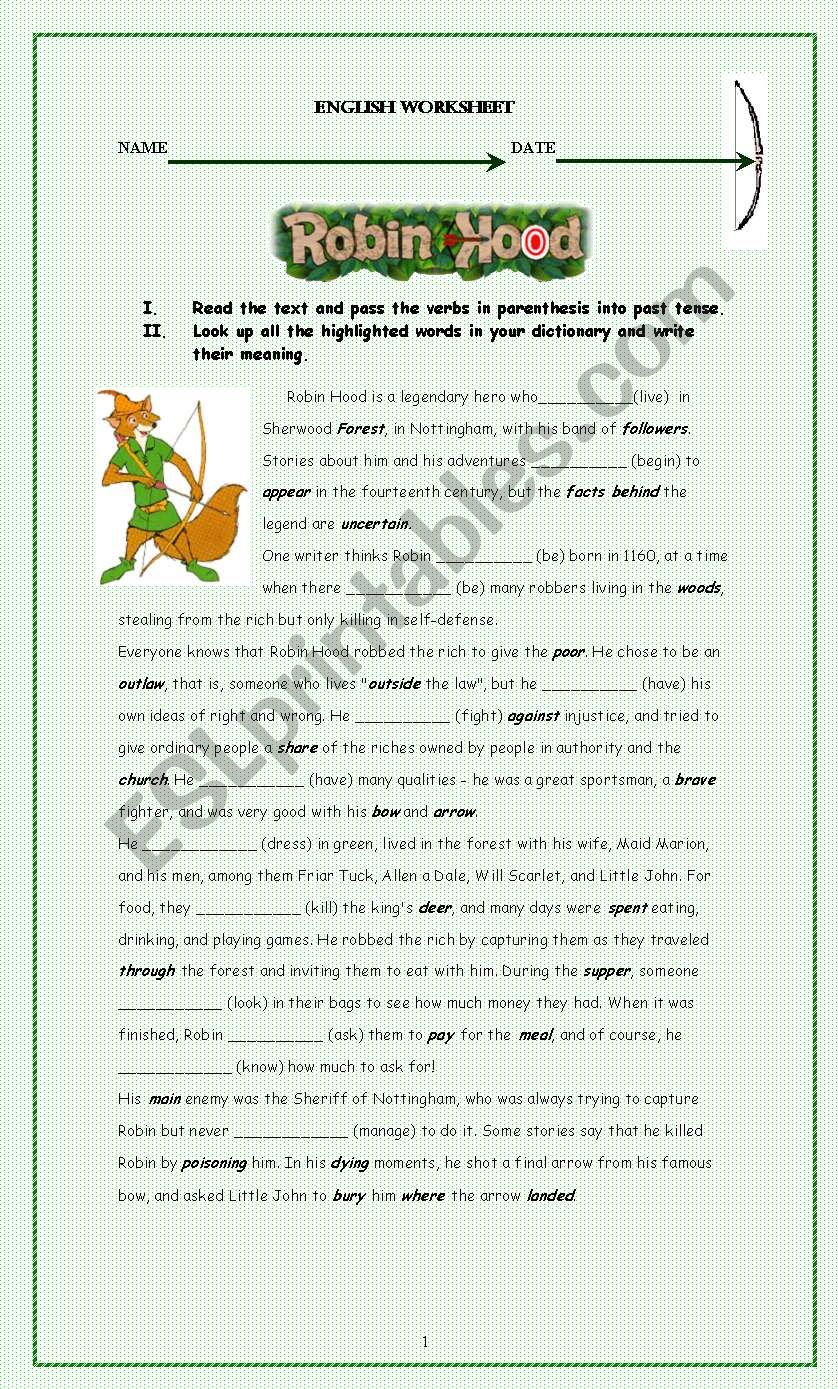 Robin Hood reading and  past tense verbs practice