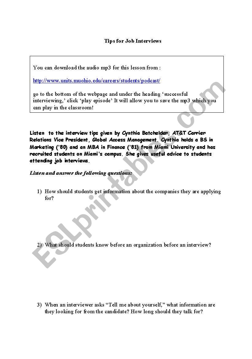 Job Interview Tips worksheet