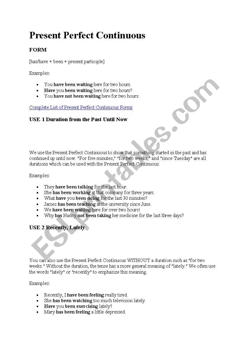 present perfect continuous worksheet