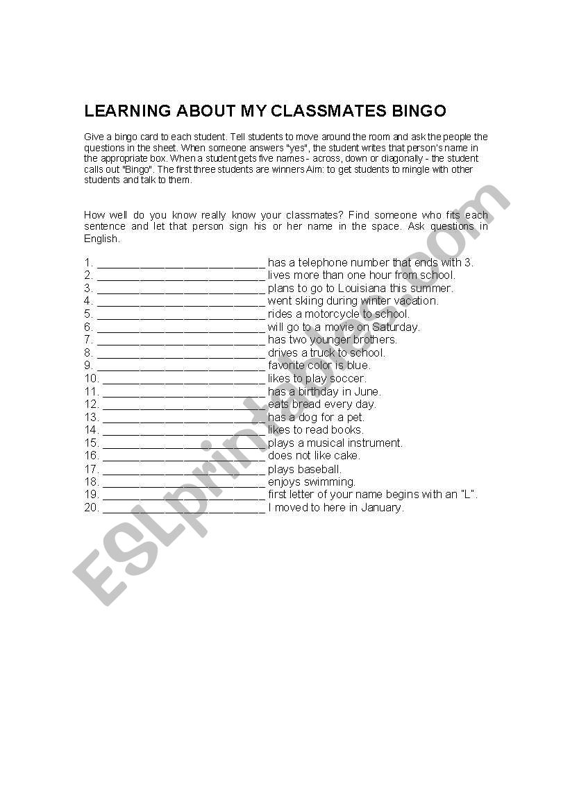 Learn About Your Classmates worksheet