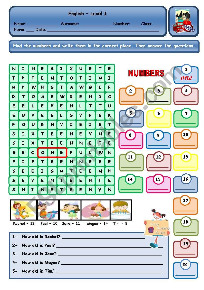 NUMBERS AND AGE worksheet