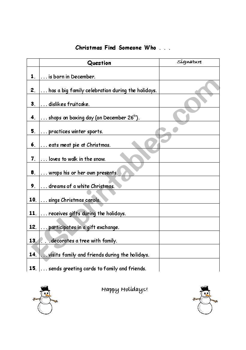 Christmas find someone who... worksheet