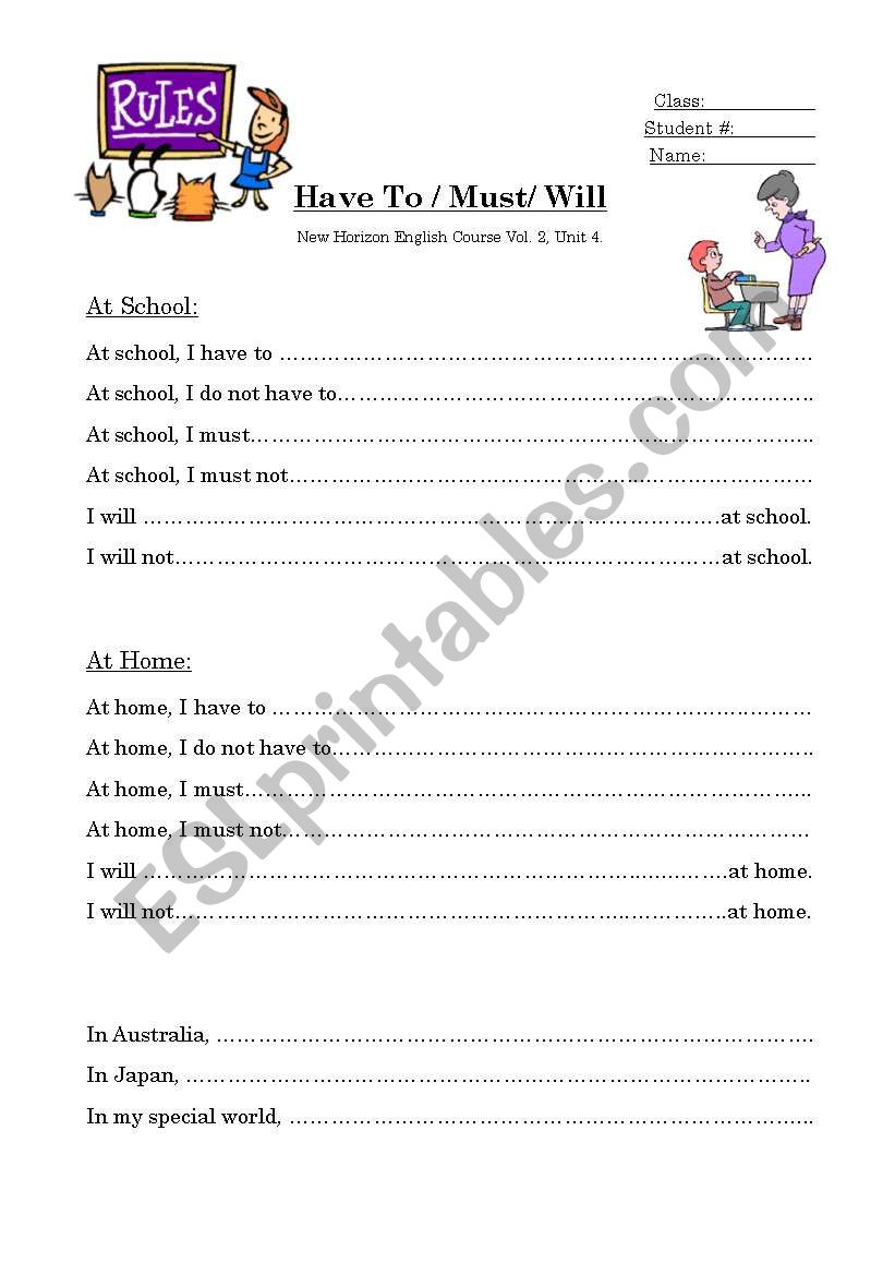 Have to/Must/Will worksheet