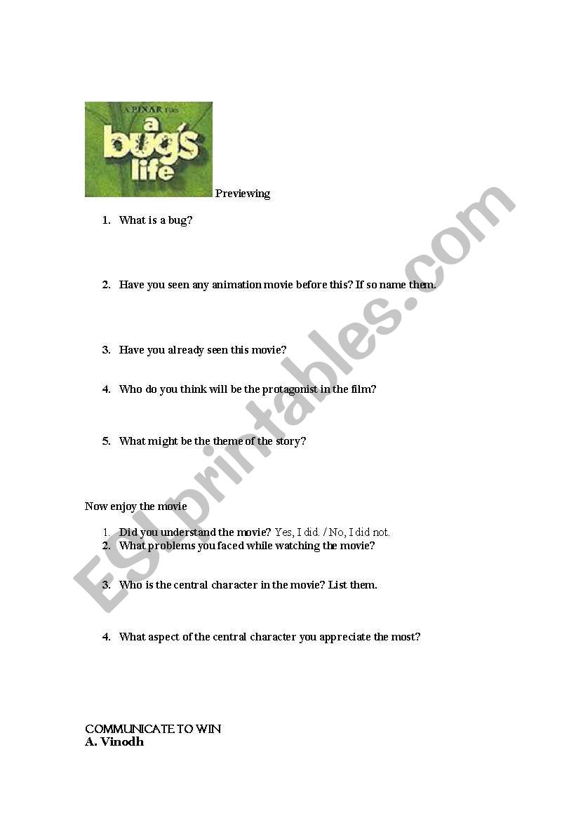 A Bugs life worksheet