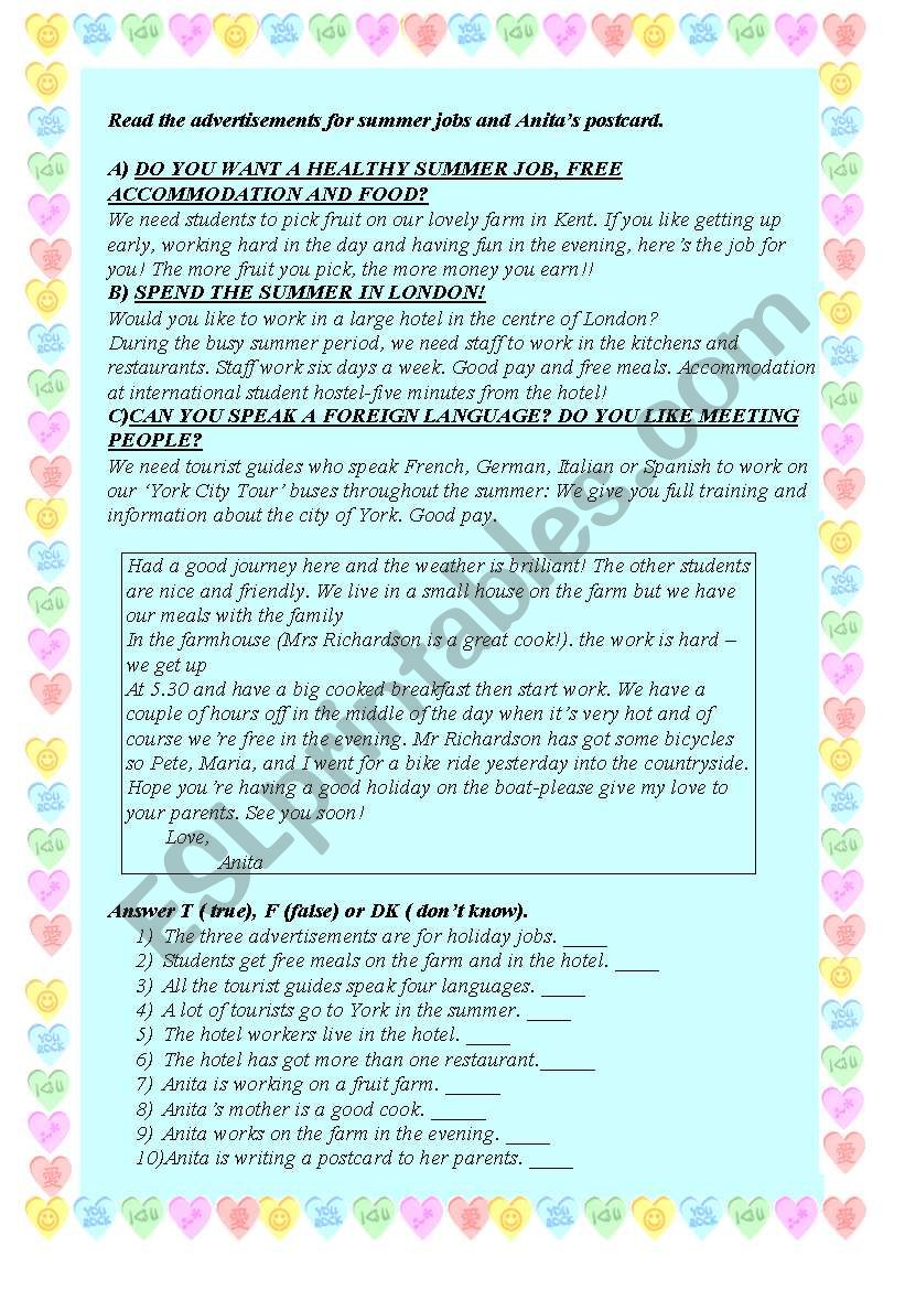 readng about jobs  worksheet
