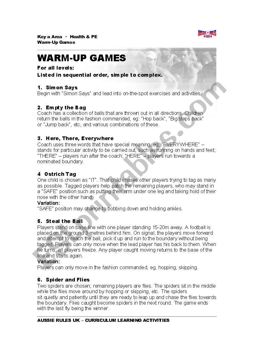 Warm - up Games worksheet