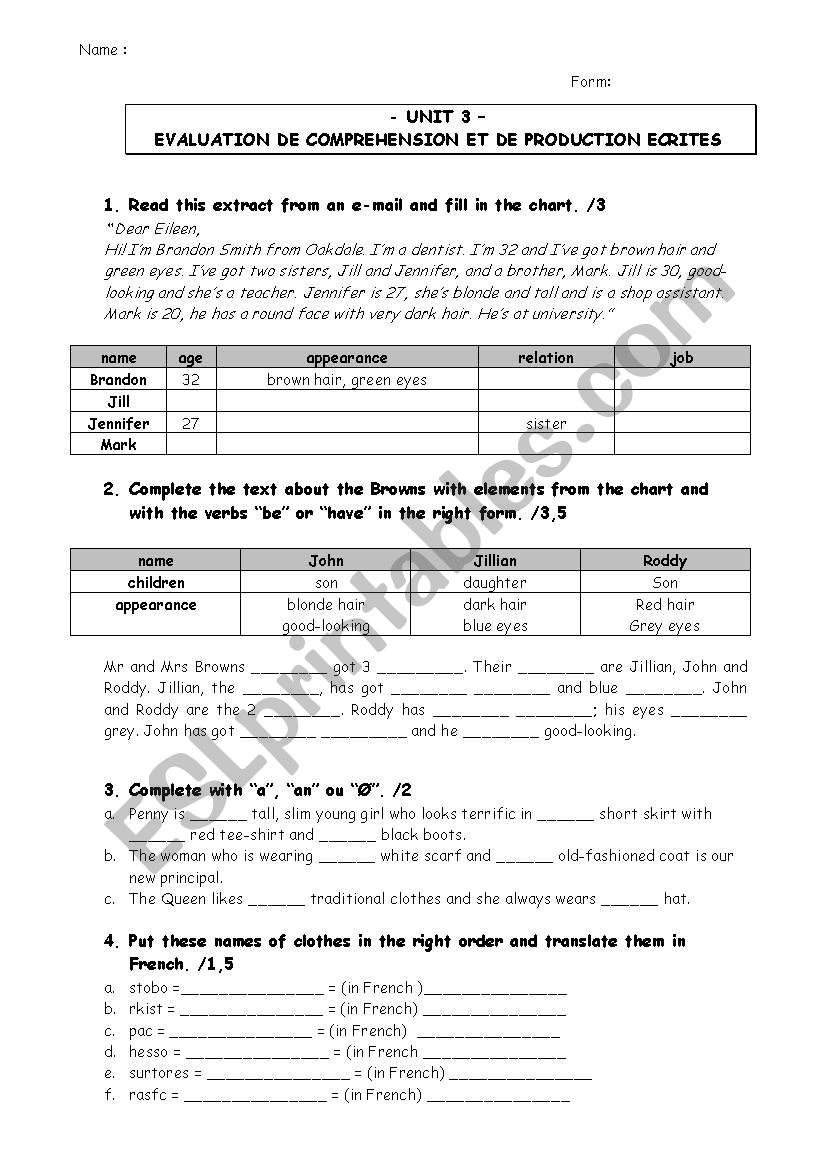 Reading and writing test  worksheet