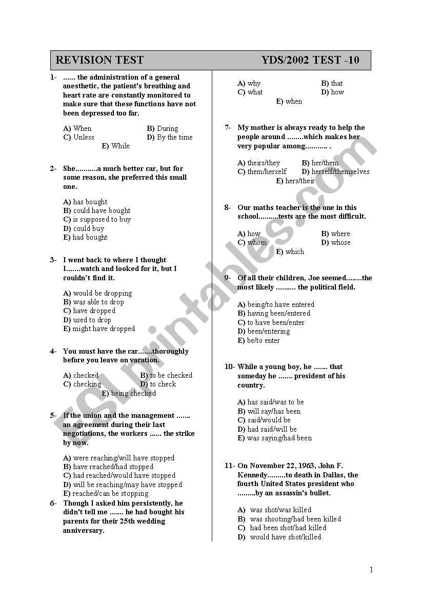 grammar revision test worksheet