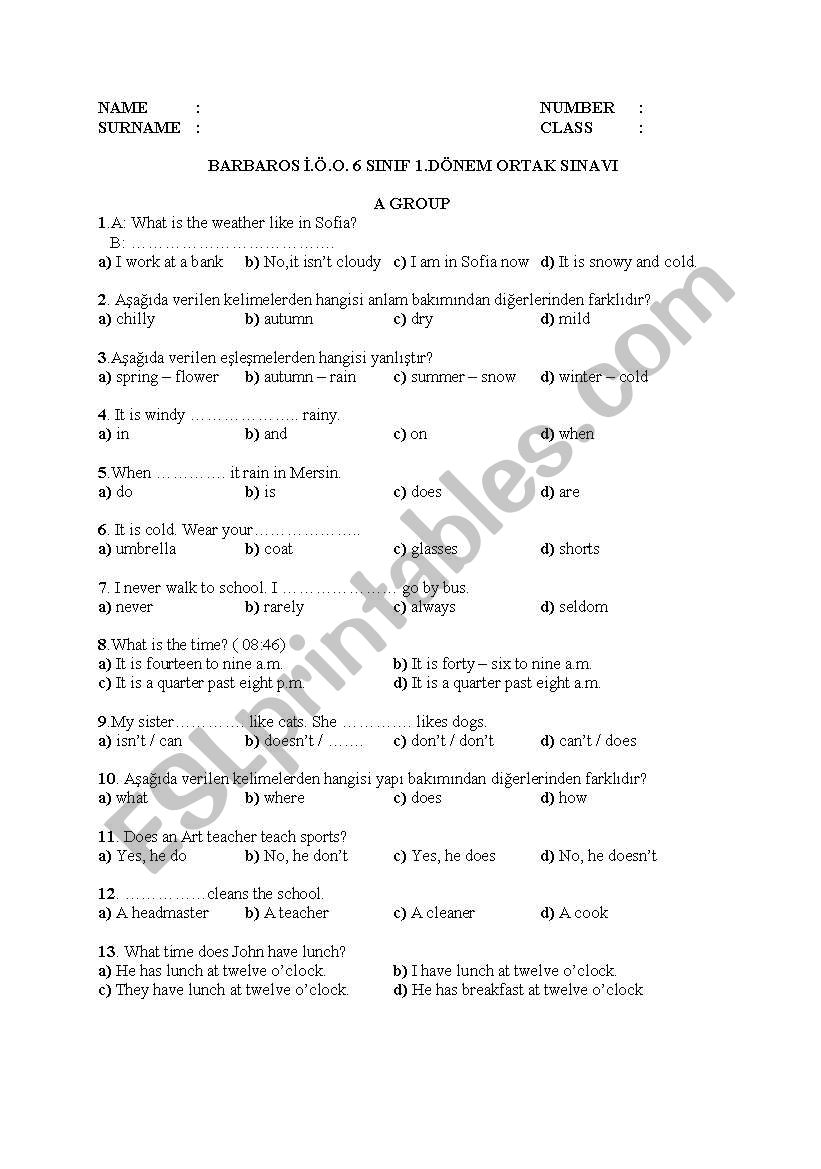 6th grade 3rd written exam worksheet