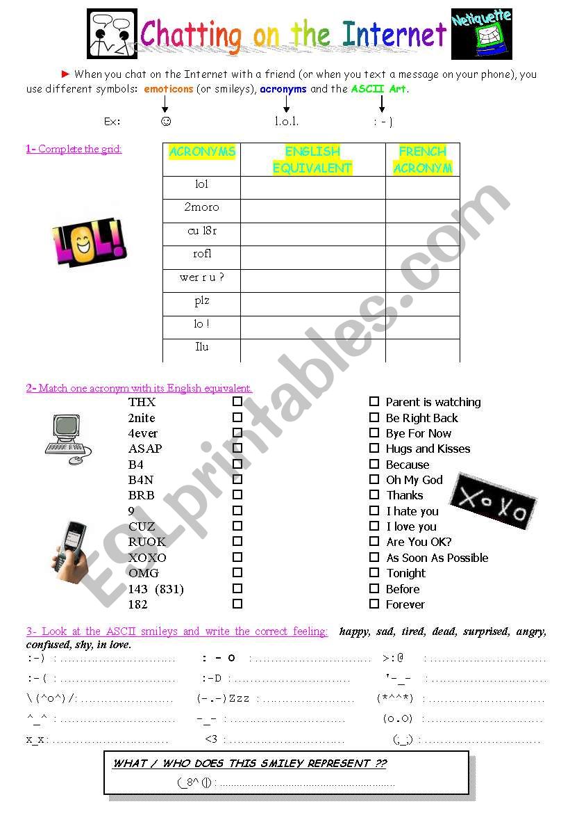 CHATTING ON THE INTERNET - symbols (smiley, acronyms...)- The netiquette