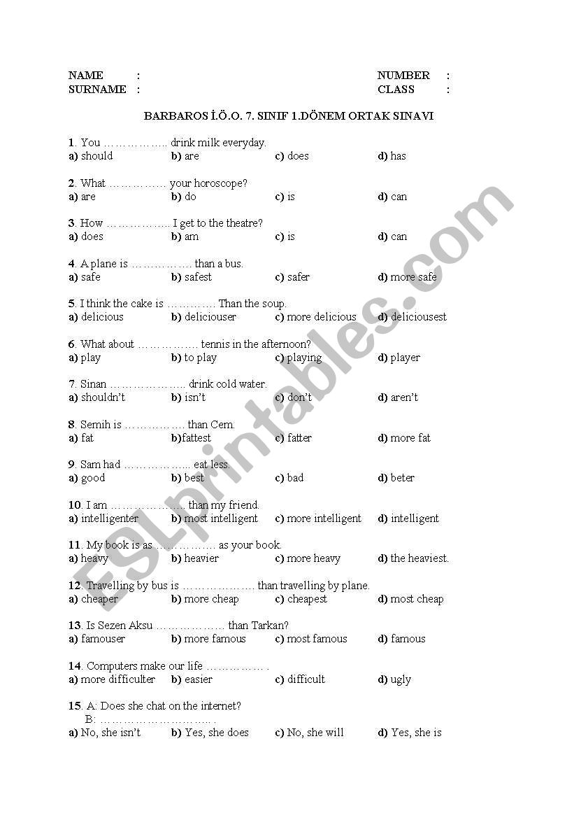 7th class 3rd exam worksheet