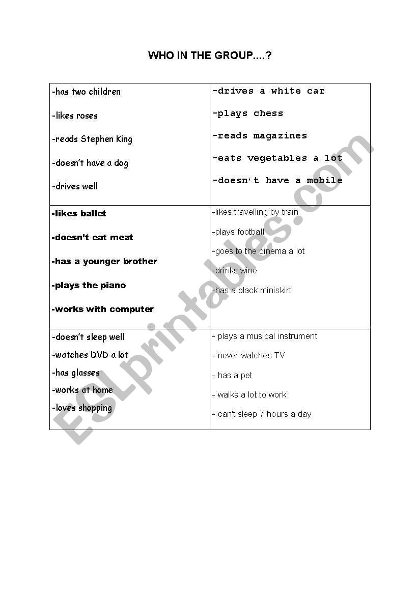 Who in the group...? worksheet