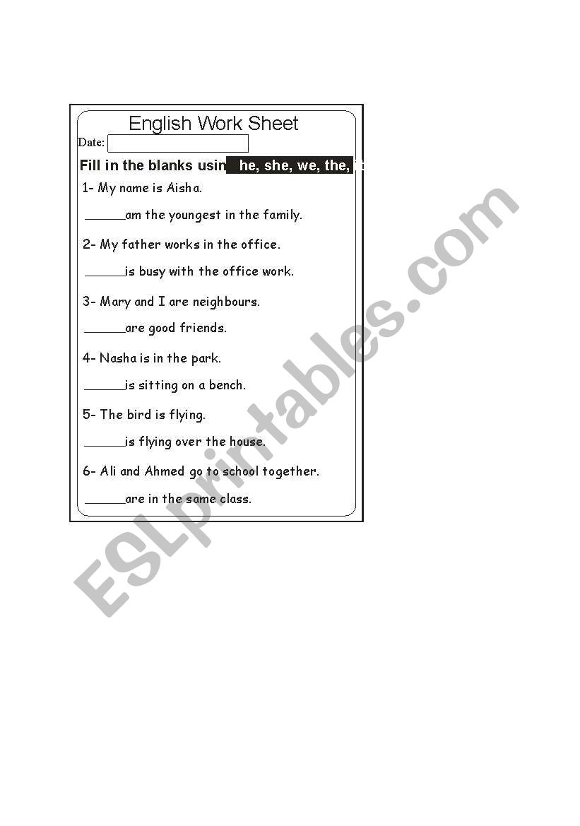 he,she,we,the worksheet