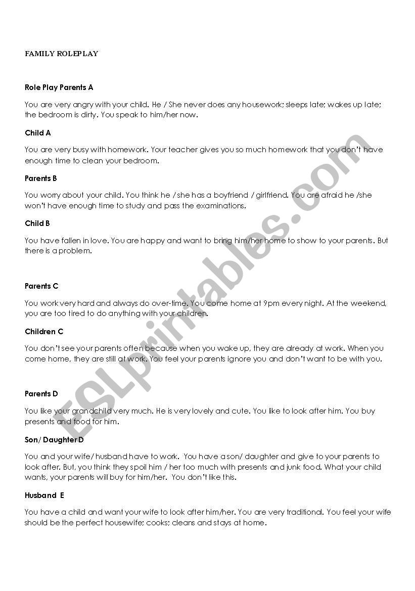 Family Roleplay SItuations worksheet