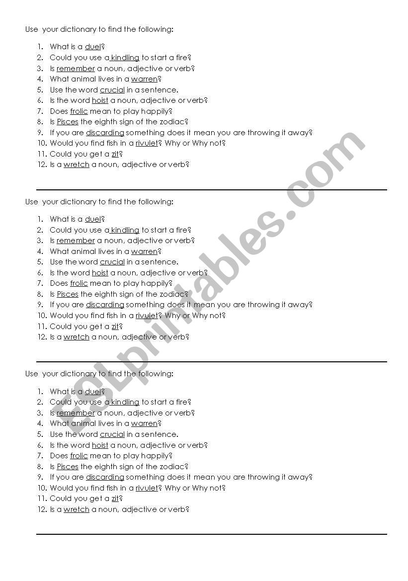 Dictionary Skills worksheet