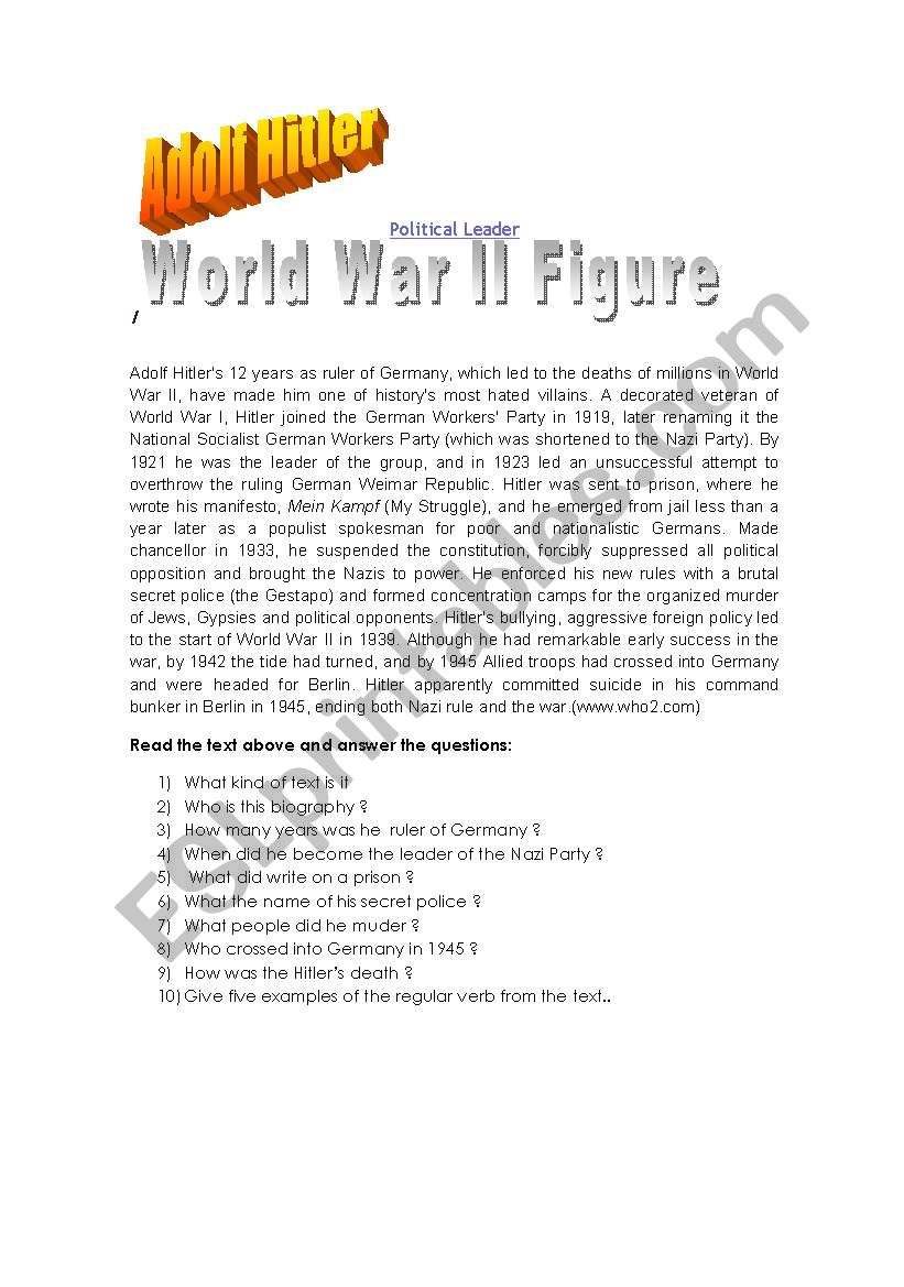 Reading:Adolf Hitler worksheet