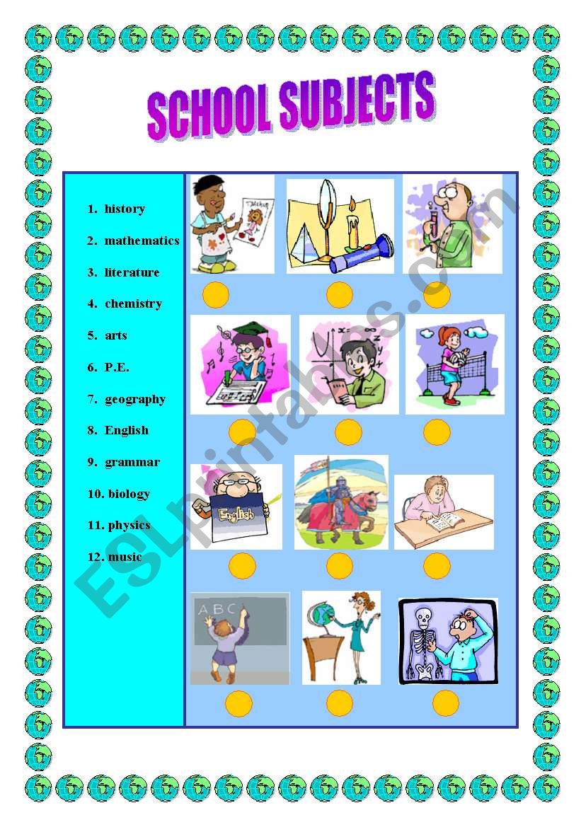 SCHOOL SUBJECTS -Matching worksheet