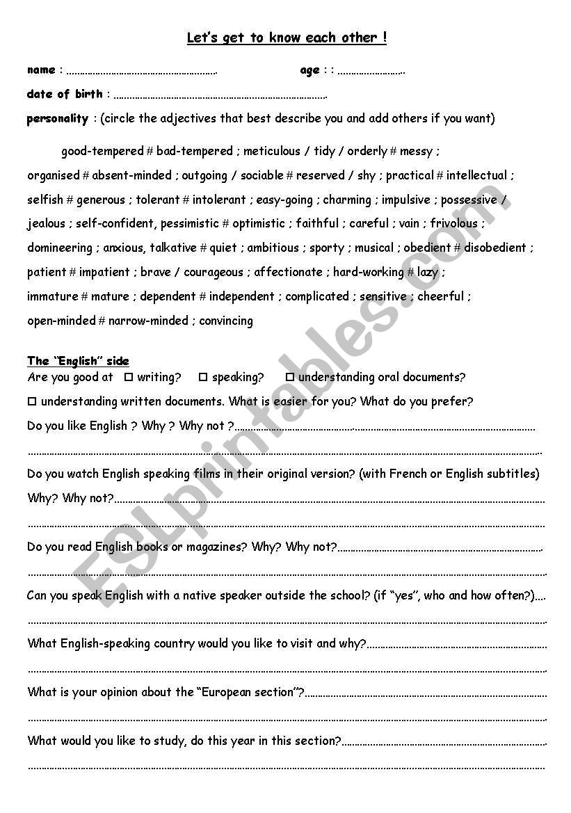 introduction sheet for the beginning of the year