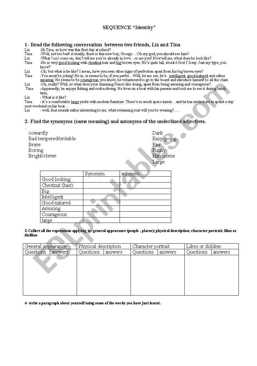 description worksheet