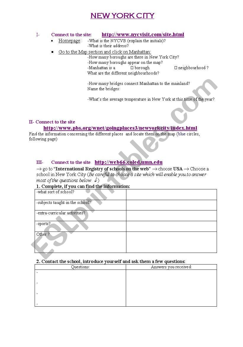 webquest NYC worksheet