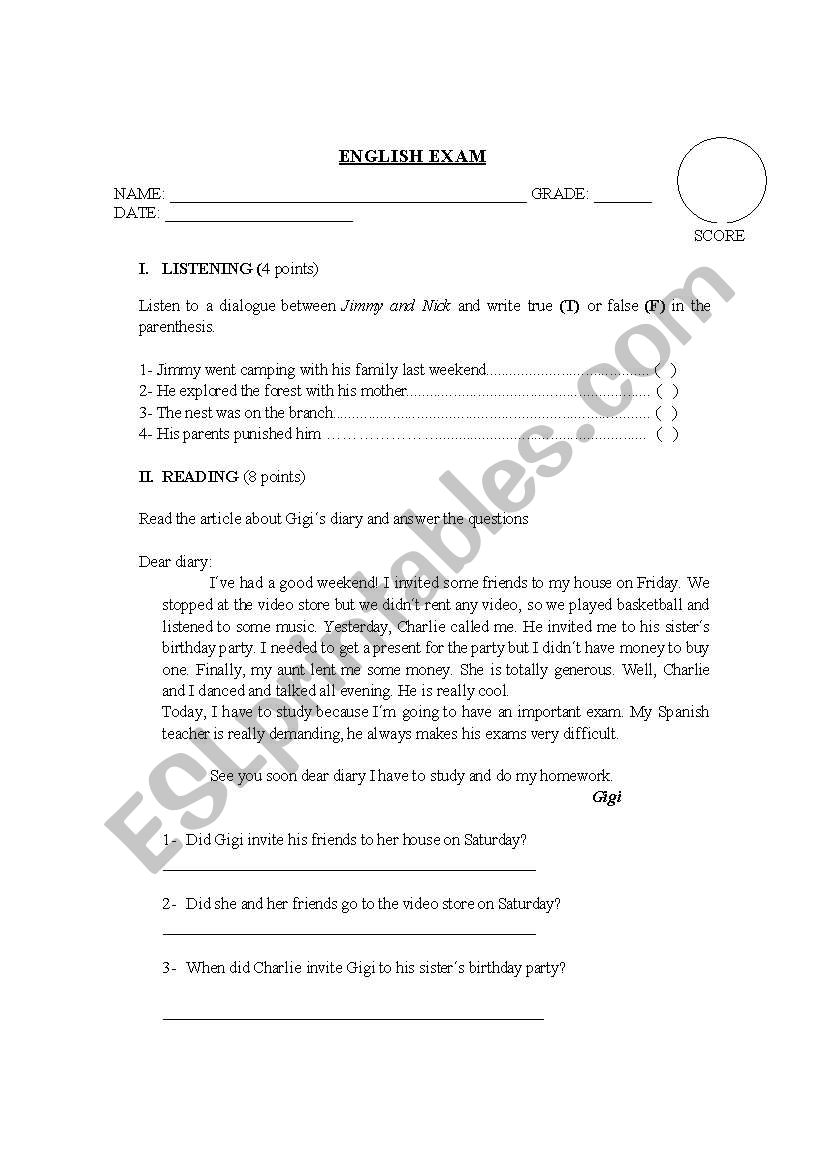 past simple exam worksheet